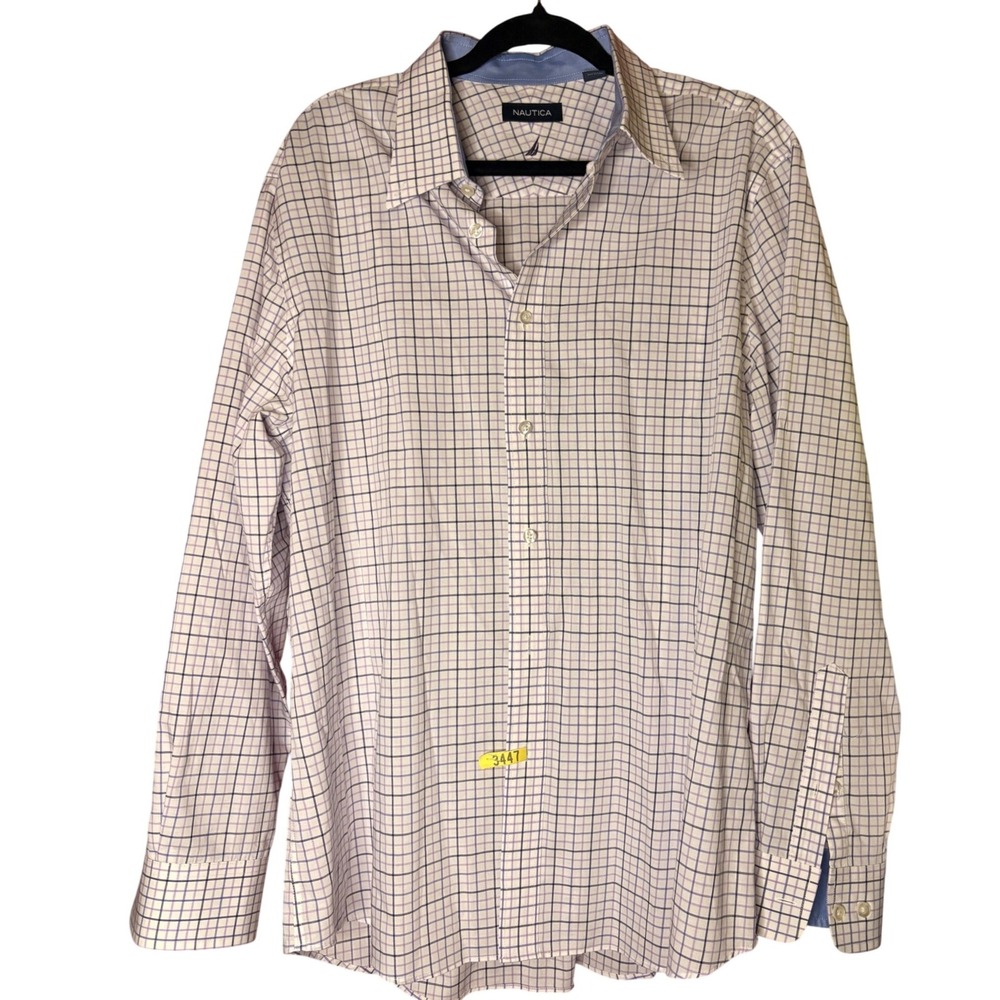 Nautica Mens Button Down Shirt 16.5 34/35 Large Purple Navy Tattersall Check